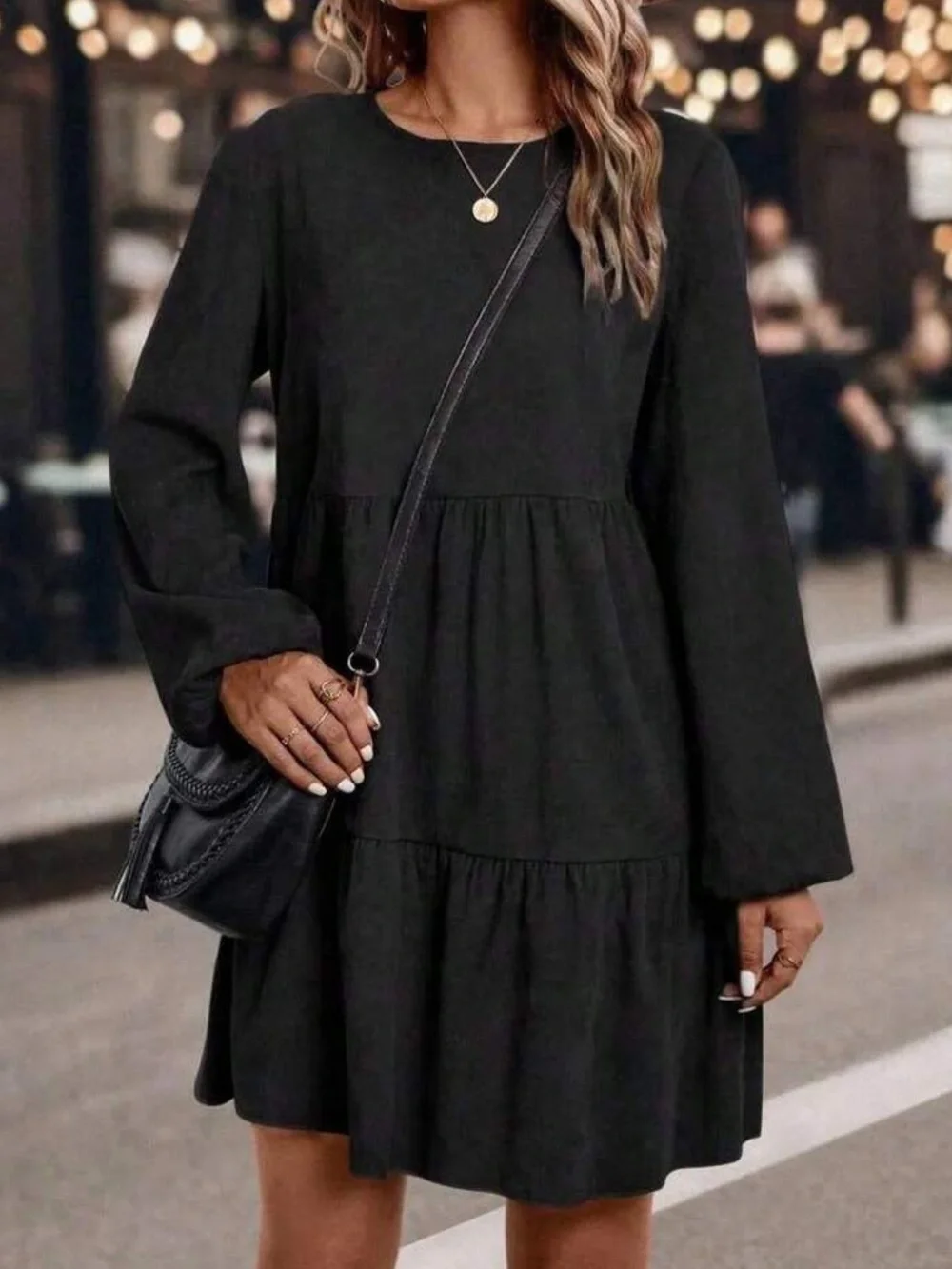 Boho black ruffle hem ribbed knit fall dress